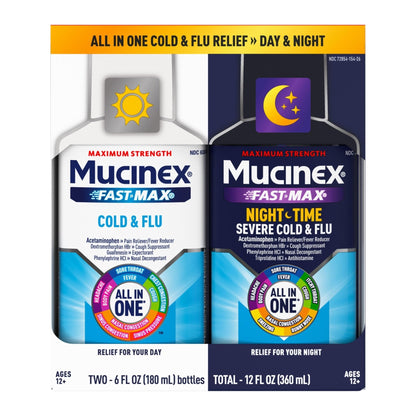 Mucinex Fast-Max Cold and Flu & Nightshift Medicine for Adults, Over-The-Counter Medication Combo Pack for Sore Throat Relief, Decongestant, Cough & Cold Medicine (2 x 6 Fl Oz) - Maple Wellness Supplements