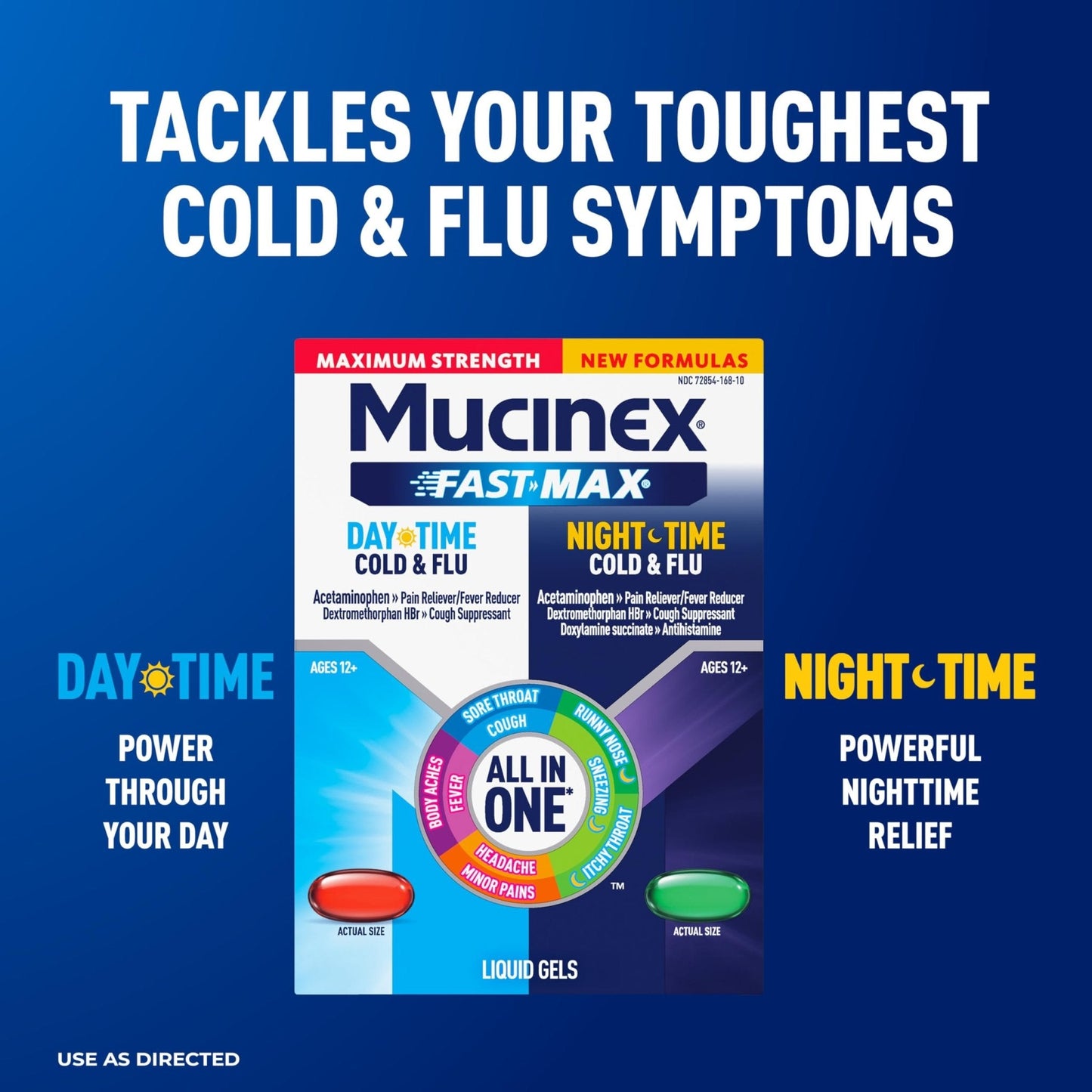 Mucinex Fast-Max Maximum Strength Day & Night Cold and Flu Medicine for Adults, Powerful Over-The-Counter Medication for Cold & Flu Symptoms, Fast Dissolving Liquid Gels, 24 Count - Maple Wellness Supplements