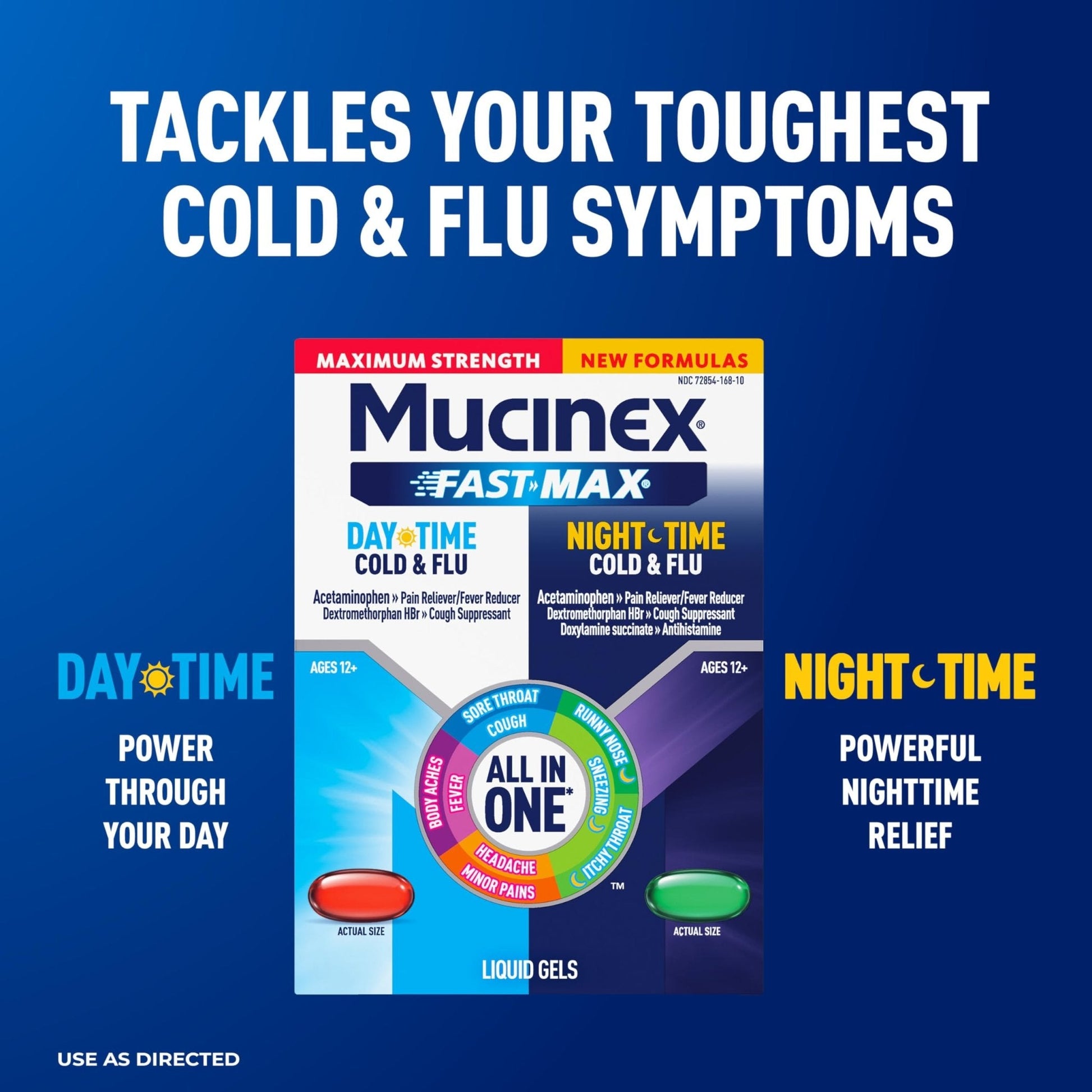 Mucinex Fast-Max Maximum Strength Day & Night Cold and Flu Medicine for Adults, Powerful Over-The-Counter Medication for Cold & Flu Symptoms, Fast Dissolving Liquid Gels, 24 Count - Maple Wellness Supplements