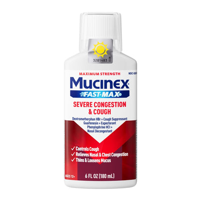 Mucinex Fast-Max Severe Congestion & Cough Medicine, Maximum Strength Symptom Relief, Over-The-Counter Medication, Cold Medicine, Cough Suppressant, Expectorant, Nasal Decongestant, 6 FL OZ - Maple Wellness Supplements