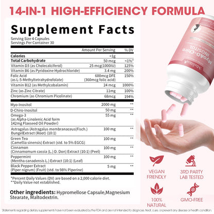 Mulittea Myo-Inositol & D-Chiro Supplement for Women - 14-in-1 Liposomal Inositol with Folic Acid,Omega-3 & Multivitamin for Hormone Balance,Support Ovarian,Skin & Mood- 40:1 Vegan 120 Capsules - Maple Wellness Supplements