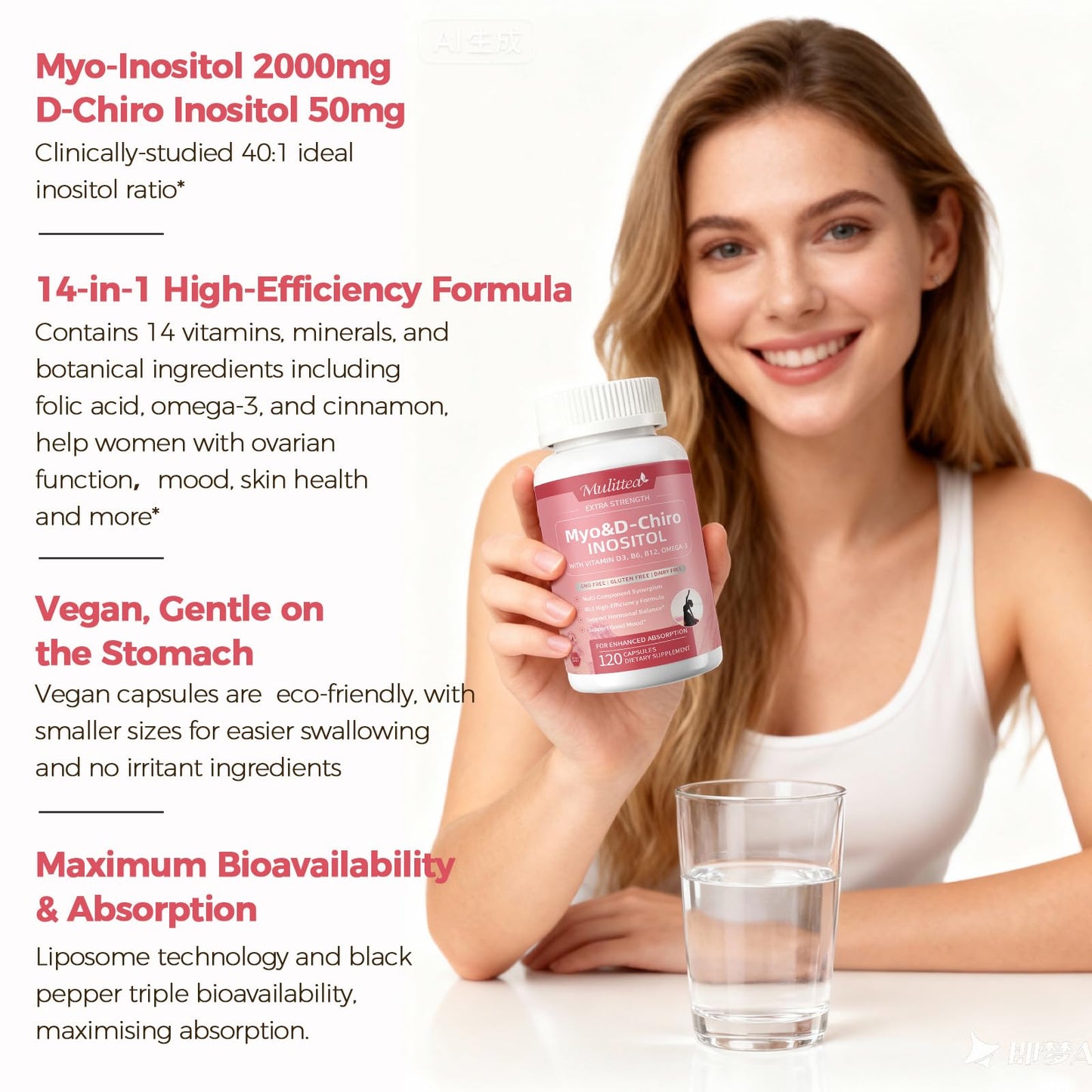 Mulittea Myo-Inositol & D-Chiro Supplement for Women - 14-in-1 Liposomal Inositol with Folic Acid,Omega-3 & Multivitamin for Hormone Balance,Support Ovarian,Skin & Mood- 40:1 Vegan 120 Capsules - Maple Wellness Supplements