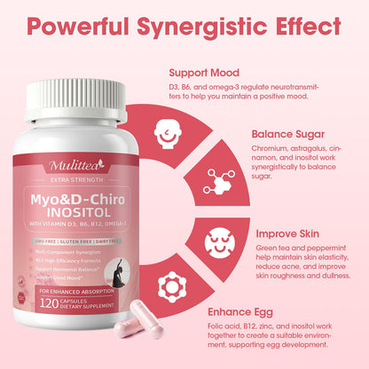 Mulittea Myo-Inositol & D-Chiro Supplement for Women - 14-in-1 Liposomal Inositol with Folic Acid,Omega-3 & Multivitamin for Hormone Balance,Support Ovarian,Skin & Mood- 40:1 Vegan 120 Capsules - Maple Wellness Supplements