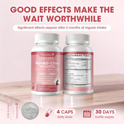 Mulittea Myo-Inositol & D-Chiro Supplement for Women - 14-in-1 Liposomal Inositol with Folic Acid,Omega-3 & Multivitamin for Hormone Balance,Support Ovarian,Skin & Mood- 40:1 Vegan 120 Capsules - Maple Wellness Supplements