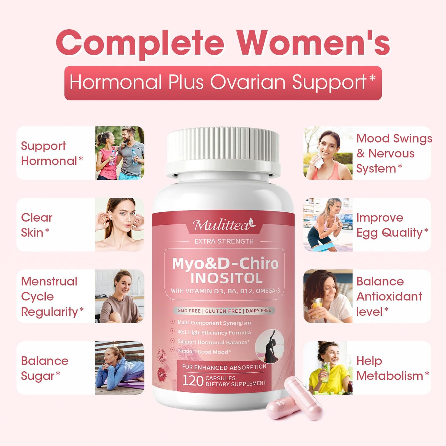 Mulittea Myo-Inositol & D-Chiro Supplement for Women - 14-in-1 Liposomal Inositol with Folic Acid,Omega-3 & Multivitamin for Hormone Balance,Support Ovarian,Skin & Mood- 40:1 Vegan 120 Capsules - Maple Wellness Supplements