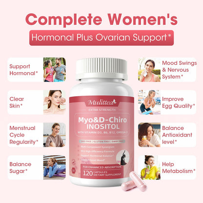 Mulittea Myo-Inositol & D-Chiro Supplement for Women - 14-in-1 Liposomal Inositol with Folic Acid,Omega-3 & Multivitamin for Hormone Balance,Support Ovarian,Skin & Mood- 40:1 Vegan 120 Capsules - Maple Wellness Supplements