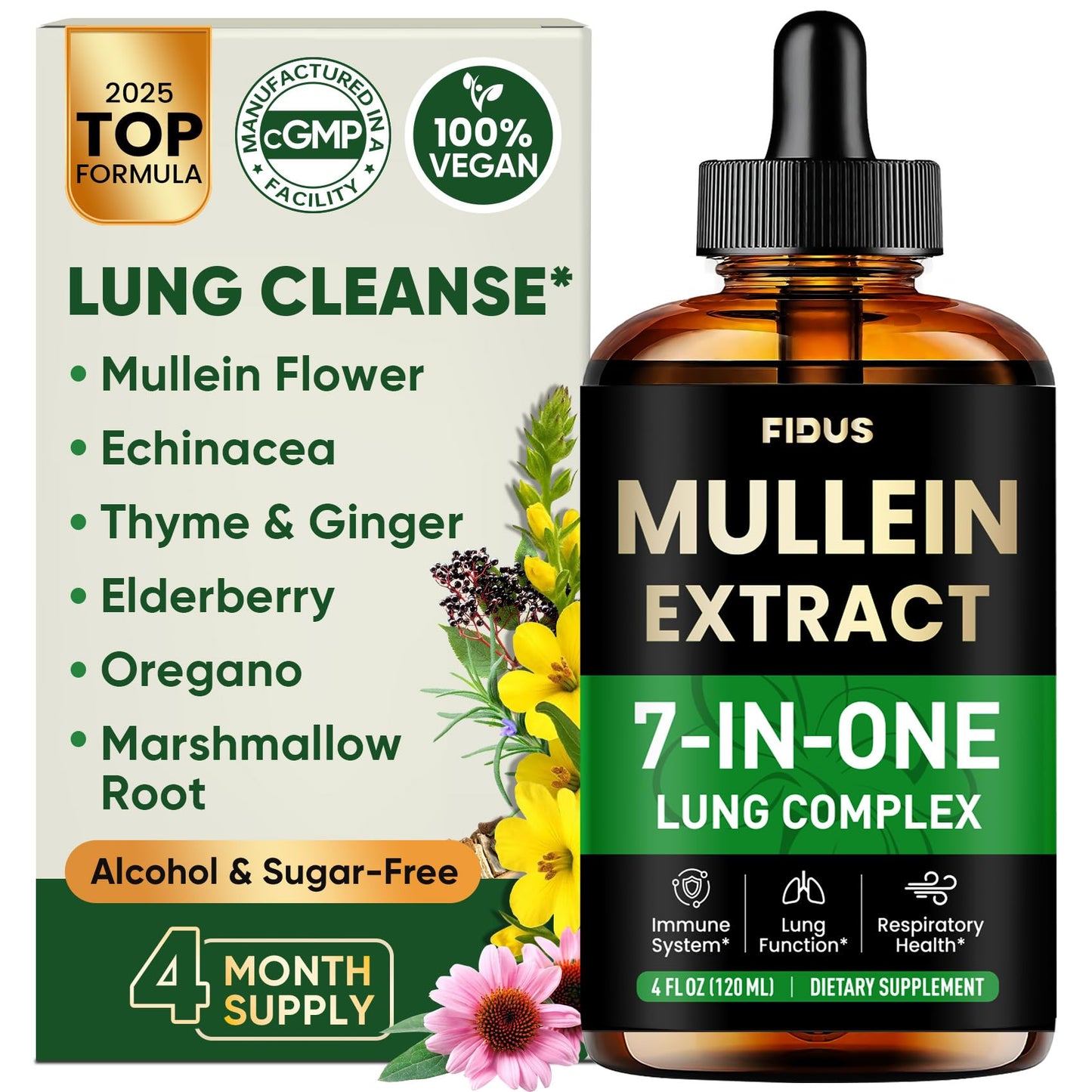 Mullein Drops for Lungs, 120 Servings - Mullein Leaf with 7 Herbs Echinacea, Oregano, Ginger, Elderberry, Marshmallow Root & Thyme - Lung Detox for Smokers - Maple Wellness Supplements