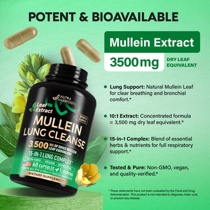 Mullein Lung Detox - Mullein Leaf Extract - Marshmallow Root | Echinacea | Oregano | Quercetin | NAC - 15-in-1 Lung Support & Cleanse for Smokers Supplement - Maple Wellness Supplements