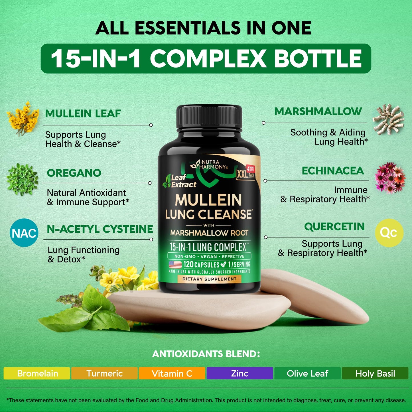 Mullein Lung Detox - Mullein Leaf Extract - Marshmallow Root | Echinacea | Oregano | Quercetin | NAC - 15-in-1 Lung Support & Cleanse for Smokers Supplement - Maple Wellness Supplements