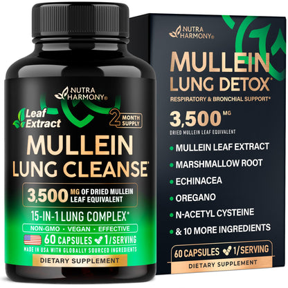 Mullein Lung Detox - Mullein Leaf Extract - Marshmallow Root | Echinacea | Oregano | Quercetin | NAC - 15-in-1 Lung Support & Cleanse for Smokers Supplement - Maple Wellness Supplements