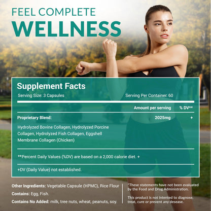 Multi Collagen 180 Protein Capsules - Type I, II, III, V, X Collagen Pills - Proprietary Blend of Eggshell, Chicken, Wild Fish & Grass-Fed - Maple Wellness Supplements