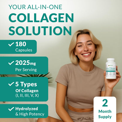 Multi Collagen 180 Protein Capsules - Type I, II, III, V, X Collagen Pills - Proprietary Blend of Eggshell, Chicken, Wild Fish & Grass-Fed - Maple Wellness Supplements