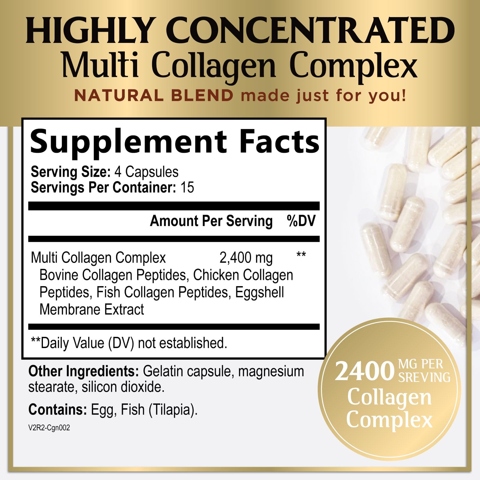 Multi Collagen Peptides for Women & Men - 2400mg per Serving - Best Hydrolyzed Collagen Complex with Type I, II, III, V, X - Hair, Skin, Nails & Joint Support - Maple Wellness Supplements