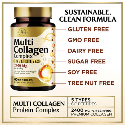 Multi Collagen Peptides for Women & Men - 2400mg per Serving - Best Hydrolyzed Collagen Complex with Type I, II, III, V, X - Hair, Skin, Nails & Joint Support - Maple Wellness Supplements