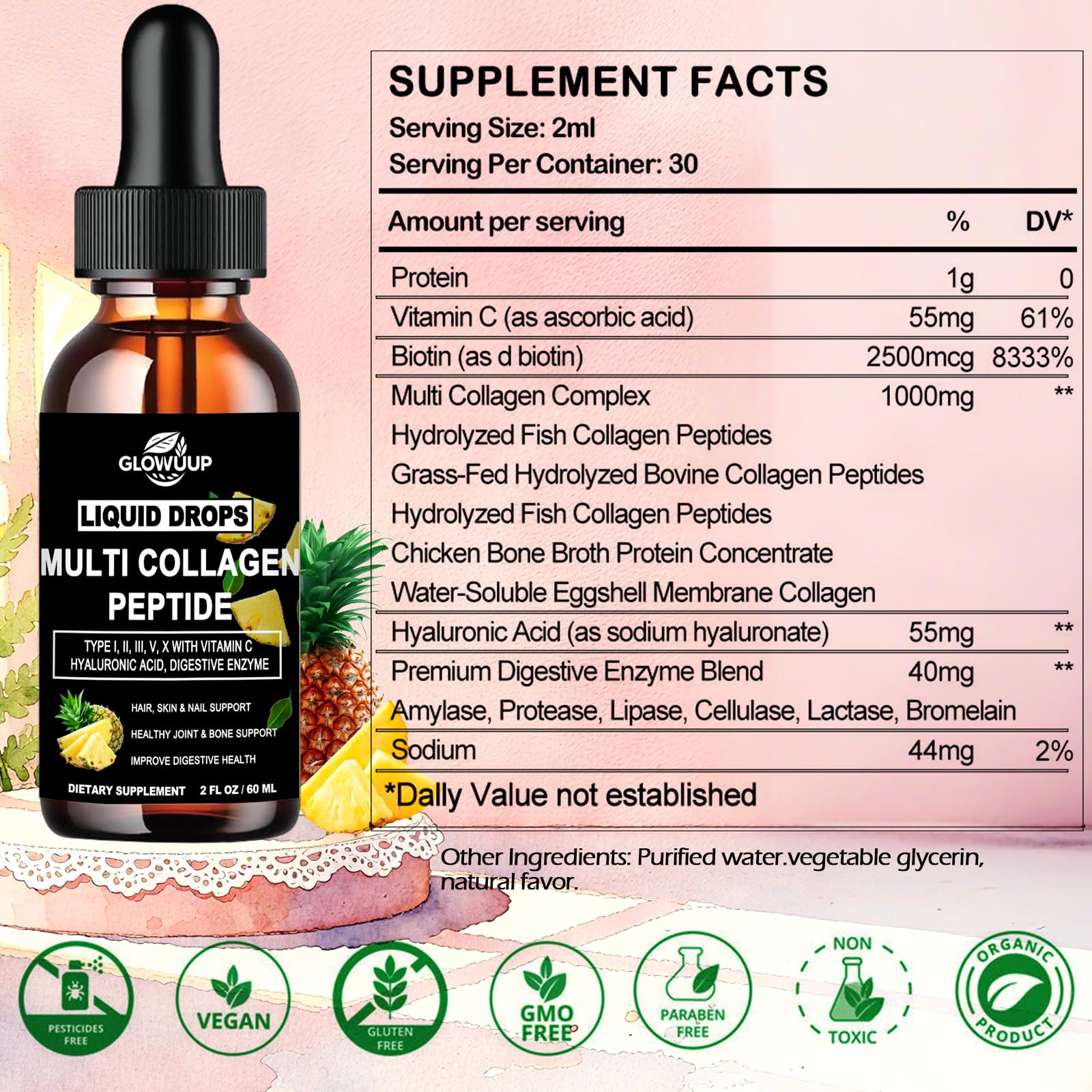 Multi Collagen Peptides Liquid Drops for Women & Men-Type I, II, III, V, X丨Hydrolyzed Collagen Peptides, Collagen Proteins W. Hyaluronic Acid, Biotin & Vitamin C for Hair Skin & Joint Gut Health - Maple Wellness Supplements
