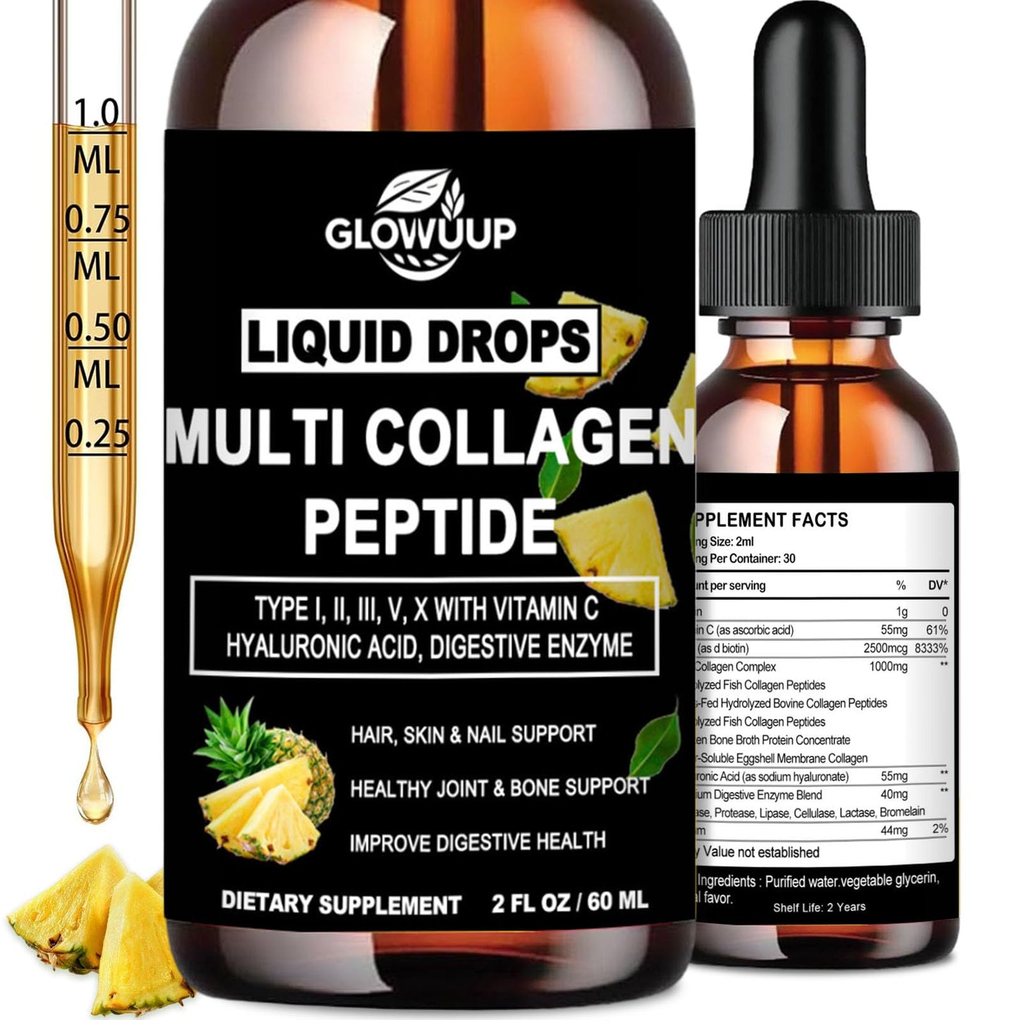 Multi Collagen Peptides Liquid Drops for Women & Men-Type I, II, III, V, X丨Hydrolyzed Collagen Peptides, Collagen Proteins W. Hyaluronic Acid, Biotin & Vitamin C for Hair Skin & Joint Gut Health - Maple Wellness Supplements