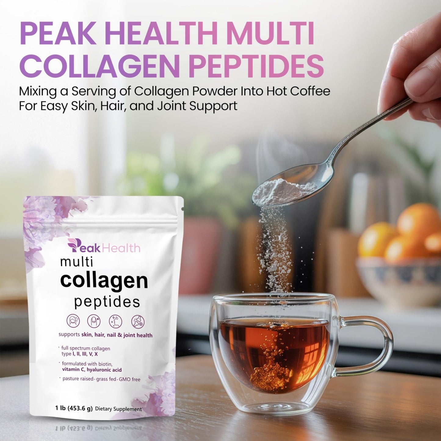 Multi Collagen Peptides Powder, 1 Pounds collagen powder- Type I,II,III,V,X with Biotin 10000mcg, Hyaluronic acid powder, Vitamin C - Unflavored Collagen Protein Powder - Maple Wellness Supplements