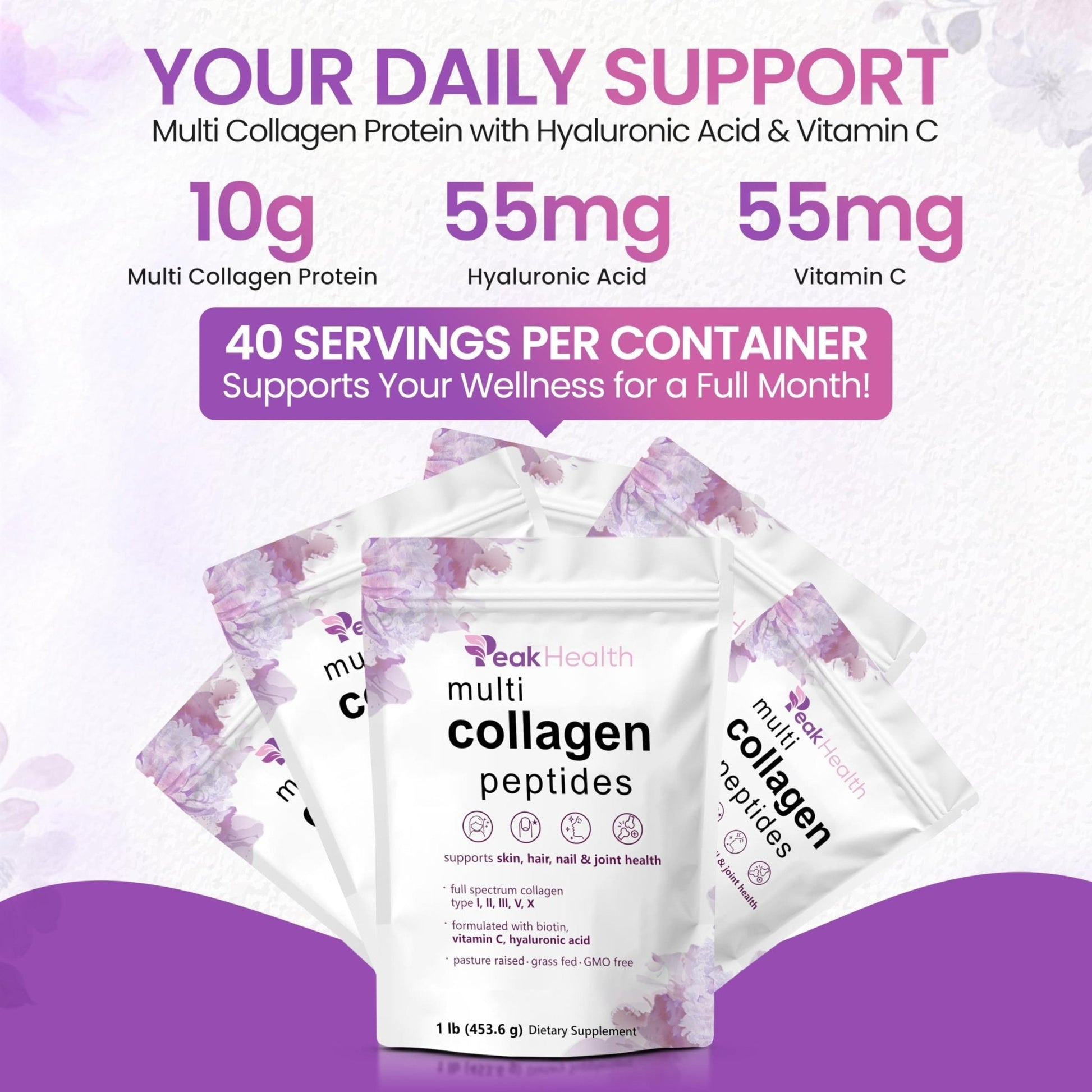 Multi Collagen Peptides Powder, 1 Pounds collagen powder- Type I,II,III,V,X with Biotin 10000mcg, Hyaluronic acid powder, Vitamin C - Unflavored Collagen Protein Powder - Maple Wellness Supplements