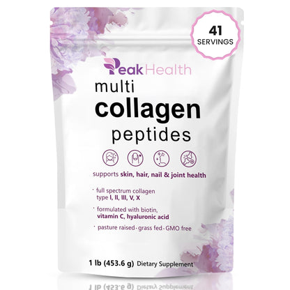 Multi Collagen Peptides Powder, 1 Pounds collagen powder- Type I,II,III,V,X with Biotin 10000mcg, Hyaluronic acid powder, Vitamin C - Unflavored Collagen Protein Powder - Maple Wellness Supplements