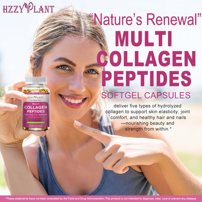 Multi Collagen Peptides Softgel - Type I, II, III, V, X - Hydrolyzed Collagen Peptides with Biotin Vitamin C Hyaluronic Acid for Women & Men, Supports Skin Hair Nail & Joint, Non-GMO, 60 Servings - Maple Wellness Supplements