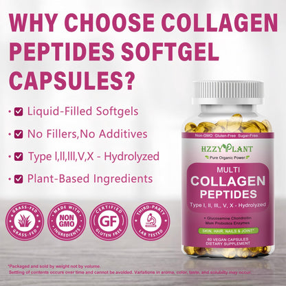 Multi Collagen Peptides Softgel - Type I, II, III, V, X - Hydrolyzed Collagen Peptides with Biotin Vitamin C Hyaluronic Acid for Women & Men, Supports Skin Hair Nail & Joint, Non-GMO, 60 Servings - Maple Wellness Supplements