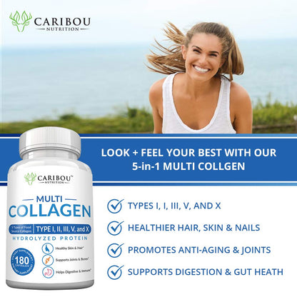 Multi Collagen Pills - 180 Collagen Pills - Type I, II, III, V & X Collagen Capsules - Unique Blend of Collagen Peptides Capsules - Wild Fish, Eggshell, - Maple Wellness Supplements