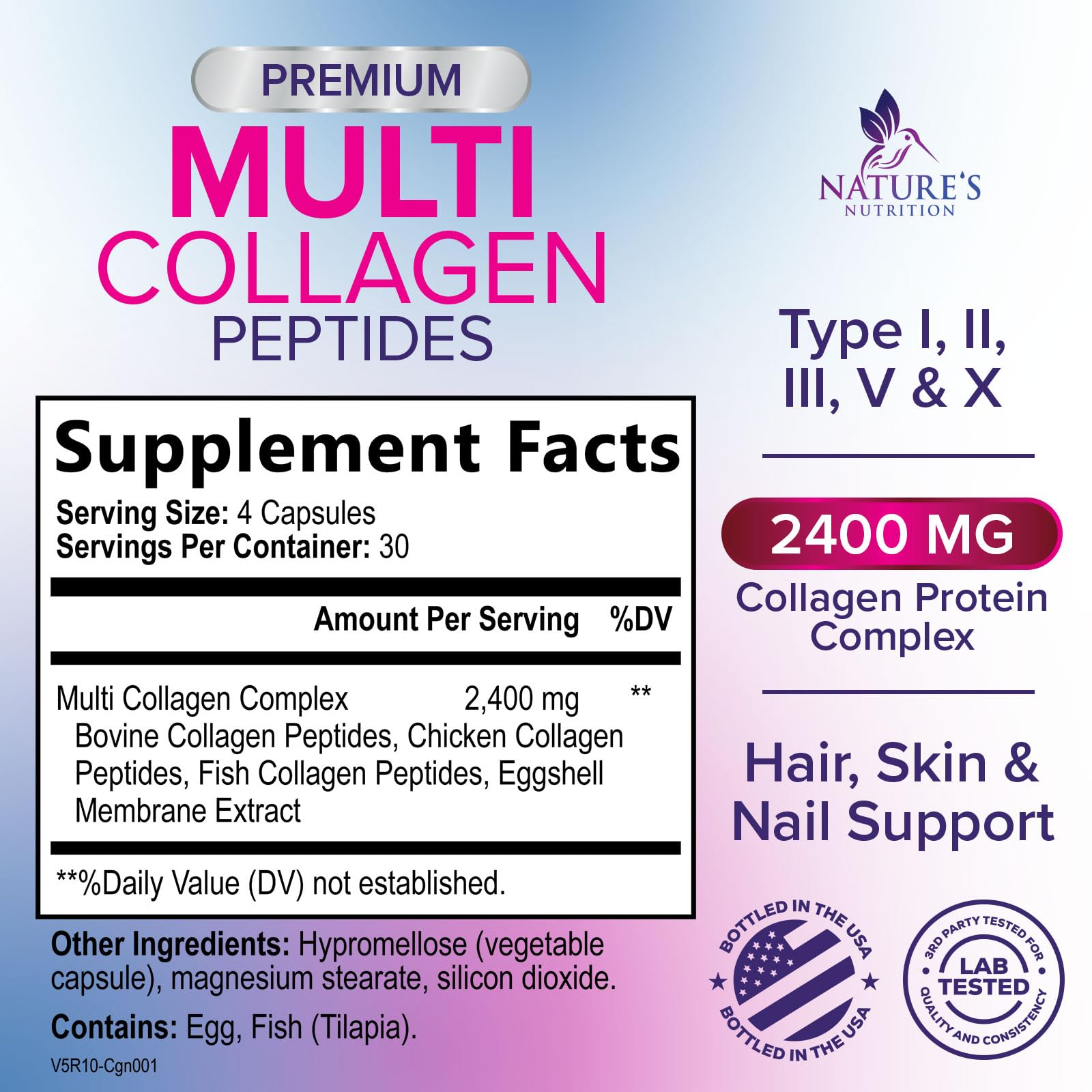 Multi Collagen Pills 2400 mg - Advanced Types I, II, III, V, X - Hydrolyzed Multi Collagen Peptides Pills, Collagen Supplements for Women & Men - Hair, Skin, & Nail Support Supplement - 120 Capsules - Maple Wellness Supplements