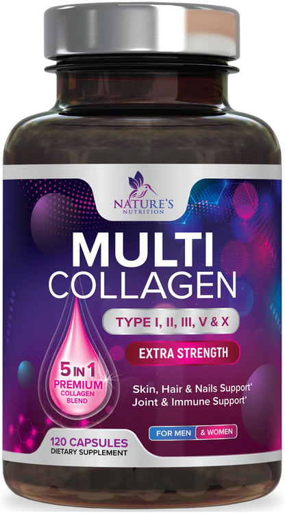Multi Collagen Pills 2400 mg - Advanced Types I, II, III, V, X - Hydrolyzed Multi Collagen Peptides Pills, Collagen Supplements for Women & Men - Hair, Skin, & Nail Support Supplement - 120 Capsules - Maple Wellness Supplements