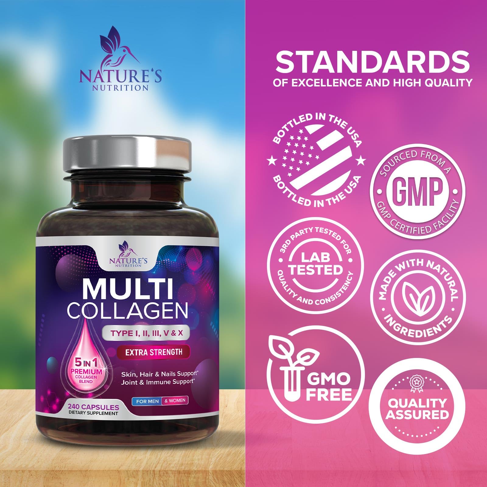 Multi Collagen Pills - Multi Collagen Complex 2400 mg Per Serving - Types I, II, III, V, X - Hydrolyzed Collagen Peptides Supplement - Hair, Skin & Nail Support - Maple Wellness Supplements