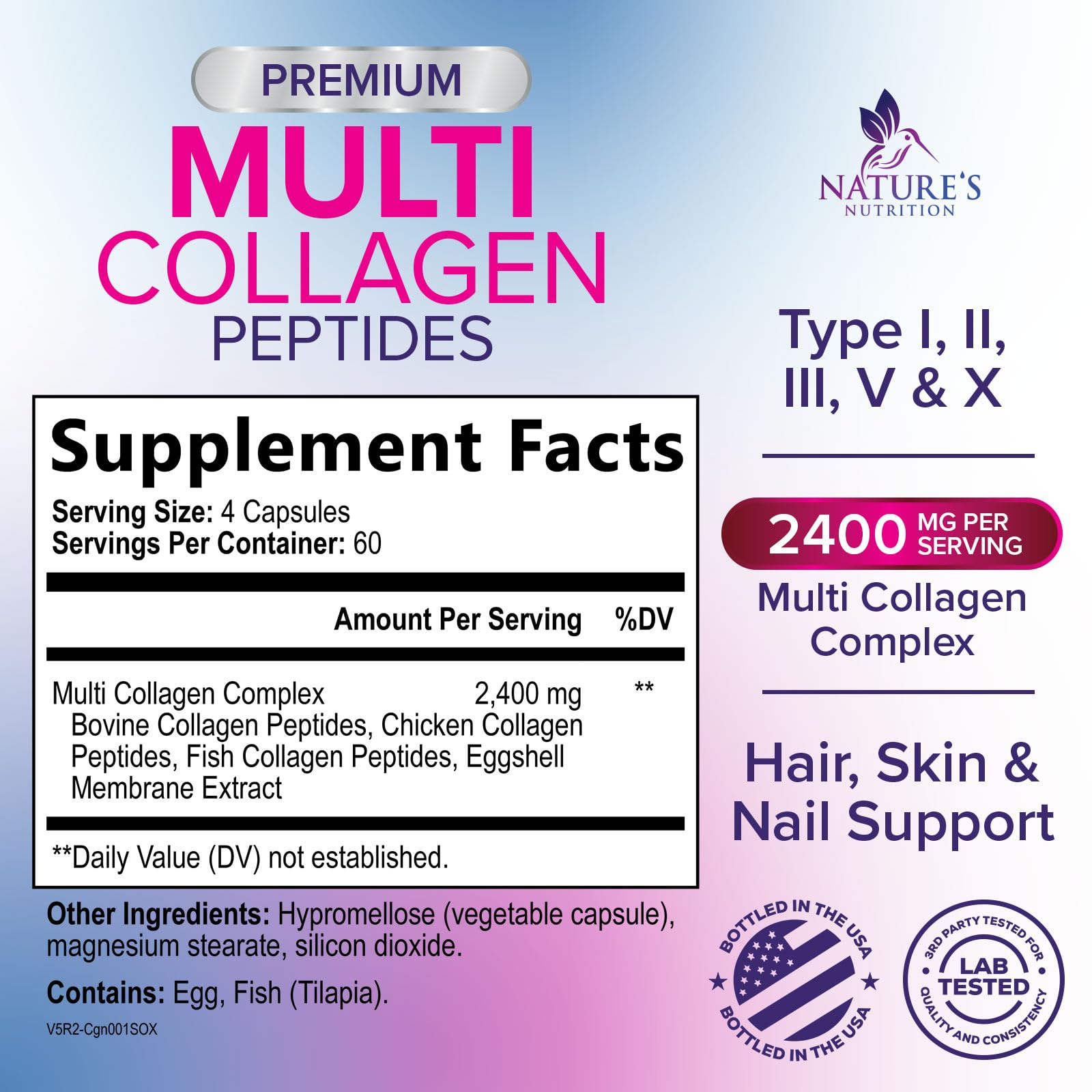 Multi Collagen Pills - Multi Collagen Complex 2400 mg Per Serving - Types I, II, III, V, X - Hydrolyzed Collagen Peptides Supplement - Hair, Skin & Nail Support - Maple Wellness Supplements