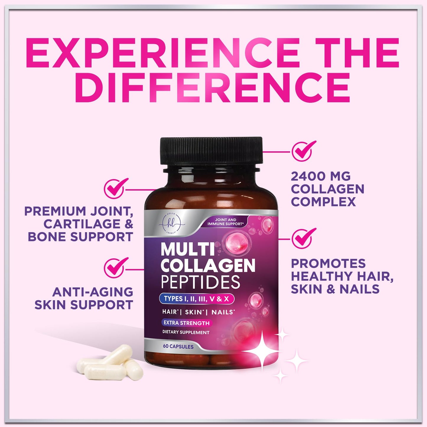 Multi Collagen Supplement 2400 mg - Types I, II, III, V & X Multi Collagen Peptides Pills for Women & Men, Hydrolyzed Collagen Supplements, Hair, Skin, Nail, & Joint Support Supplement, 60 Capsules - Maple Wellness Supplements