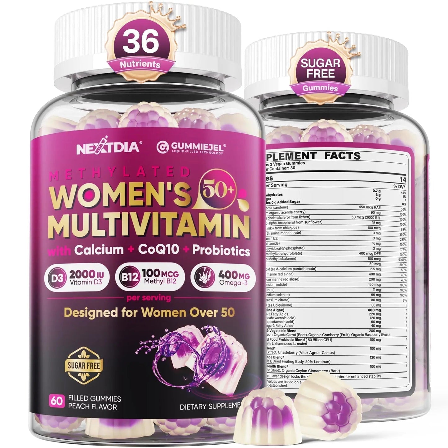 Multivitamin for Women 50 Plus Gummies, Vegan Omega 3, Methylfolate, Calcium, D3 K2, CoQ10, Daily Vitamin A C E, Methylated B12, Biotin, B Complex - Maple Wellness Supplements