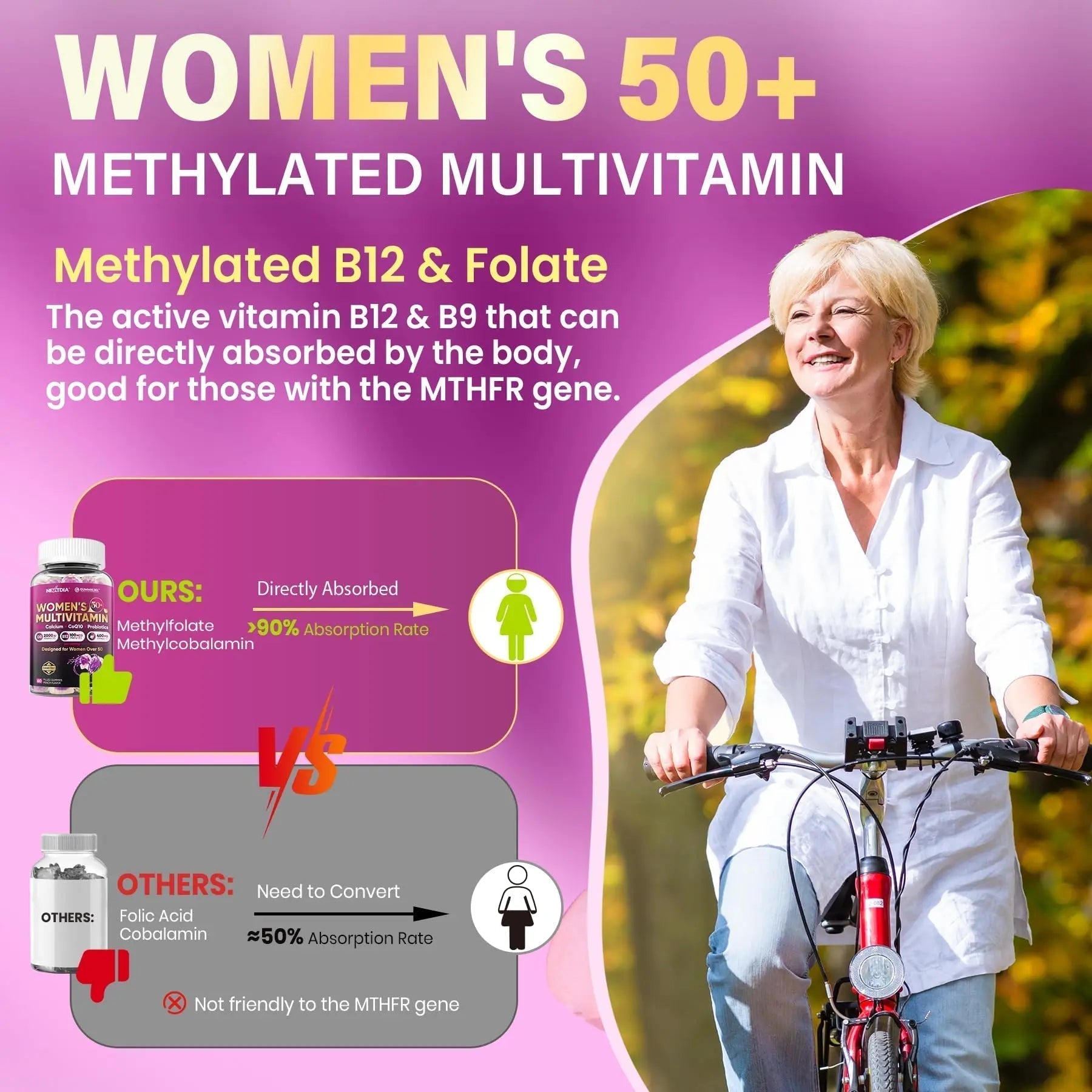 Multivitamin for Women 50 Plus Gummies, Vegan Omega 3, Methylfolate, Calcium, D3 K2, CoQ10, Daily Vitamin A C E, Methylated B12, Biotin, B Complex - Maple Wellness Supplements