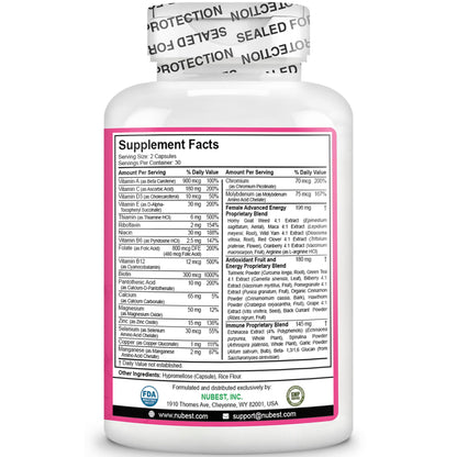 Multivitamin for Women with 39 Key Nutrients, Essential Vitamins, Minerals, Horny Goat Weed, Maca, Wild Yam, Red Clover, Cranberry, Arginine, Herbal Supplement | 60 Vegan Capsules | 1 Month Supply - Maple Wellness Supplements