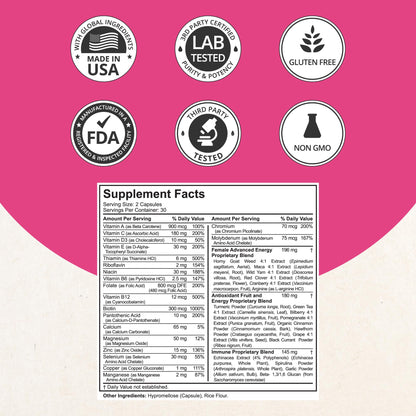 Multivitamin for Women with 39 Key Nutrients, Essential Vitamins, Minerals, Horny Goat Weed, Maca, Wild Yam, Red Clover, Cranberry, Arginine, Herbal Supplement | 60 Vegan Capsules | 1 Month Supply - Maple Wellness Supplements