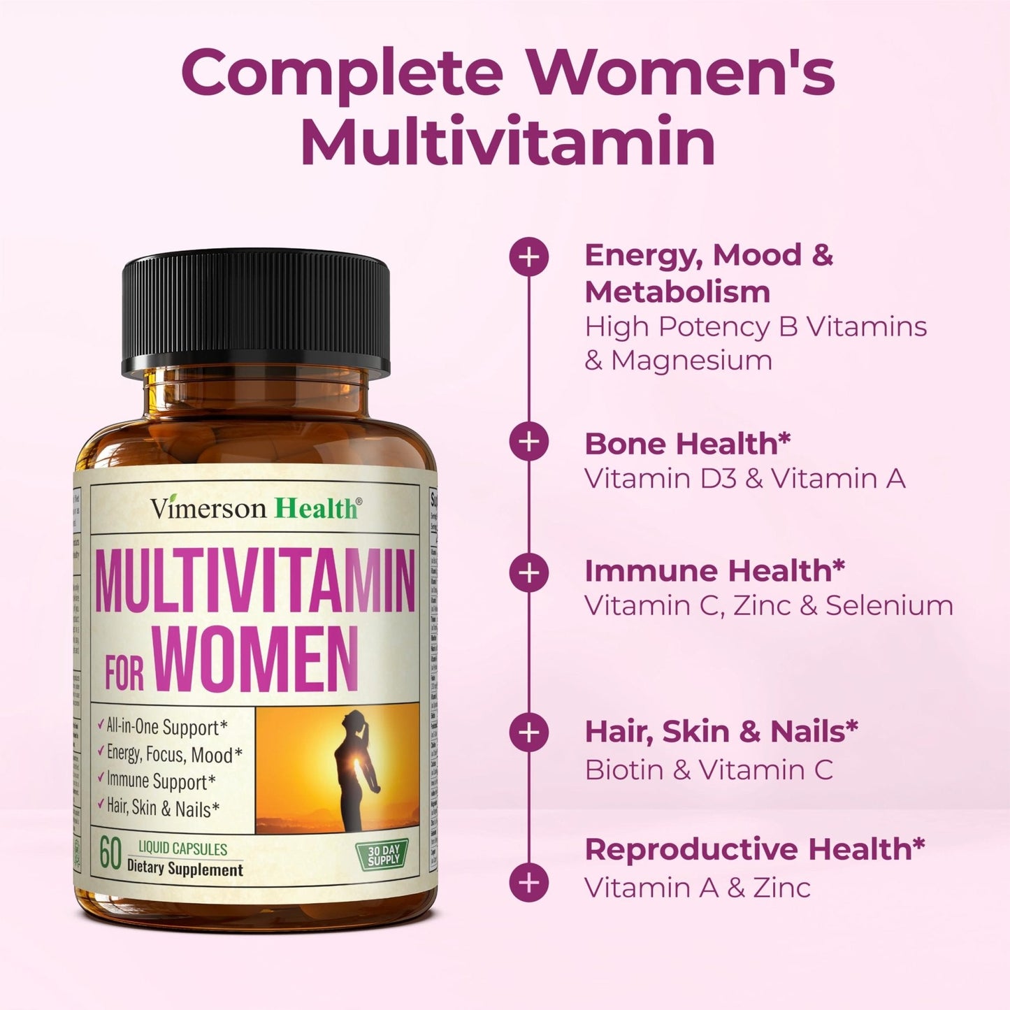 Multivitamin for Women with Bioavailable Vitamins, Minerals, Vitamin D, B12, C, A & Zinc for Energy, Focus and Immune Health – Premium Womens Multivitamins & Multiminerals – 60 Liquid Caps - Maple Wellness Supplements