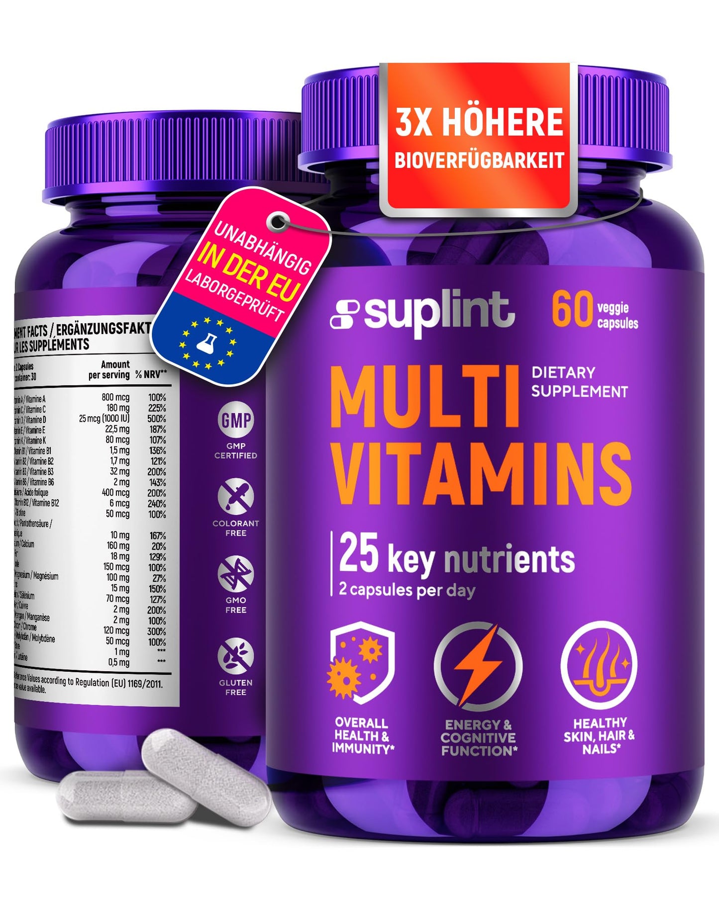 Multivitamin Supplement | Complex with Vitamin A, C, D, E, K1, B, Zinc & Chromium | Hair, Skin & Nail Beauty Vitamins | Immune Support Supplements for Men & Women | 60 Capsules - Maple Wellness Supplements
