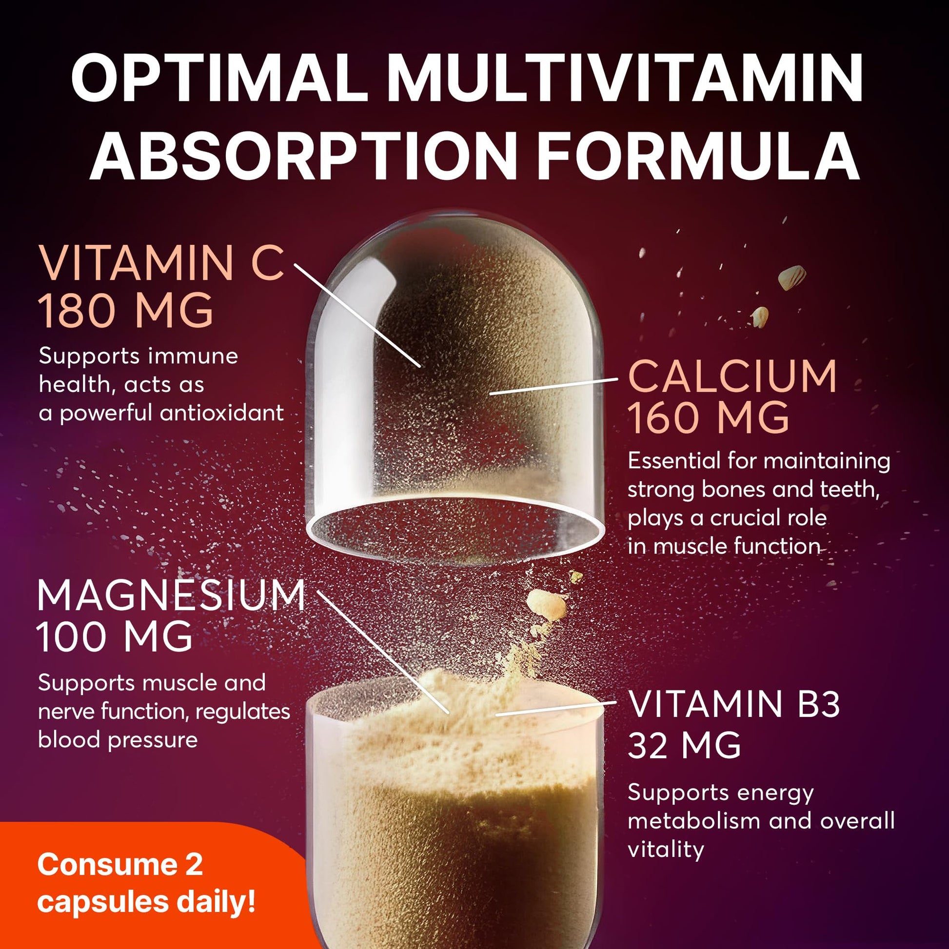Multivitamin Supplement | Complex with Vitamin A, C, D, E, K1, B, Zinc & Chromium | Hair, Skin & Nail Beauty Vitamins | Immune Support Supplements for Men & Women | 60 Capsules - Maple Wellness Supplements