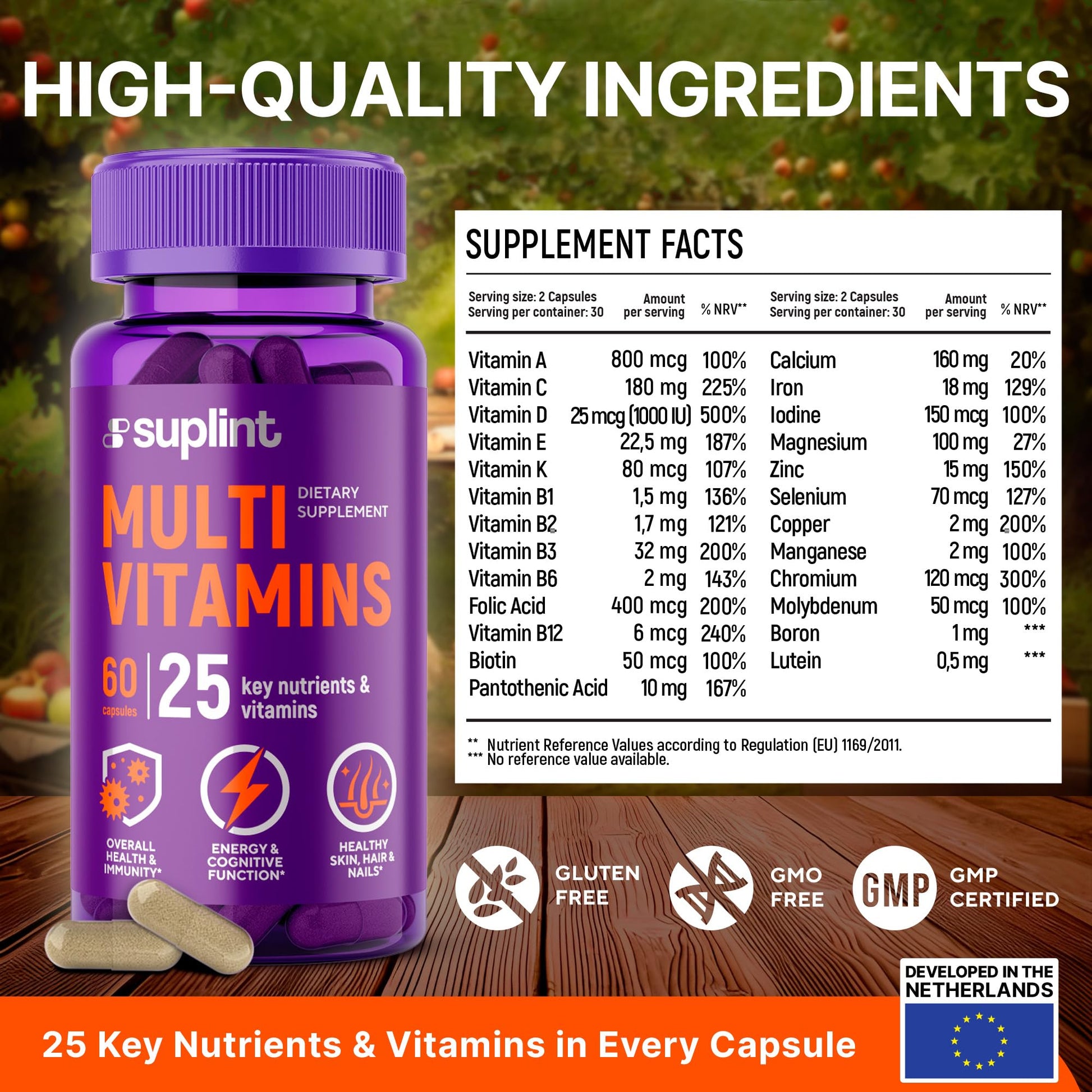 Multivitamin Supplement | Complex with Vitamin A, C, D, E, K1, B, Zinc & Chromium | Hair, Skin & Nail Beauty Vitamins | Immune Support Supplements for Men & Women | 60 Capsules - Maple Wellness Supplements