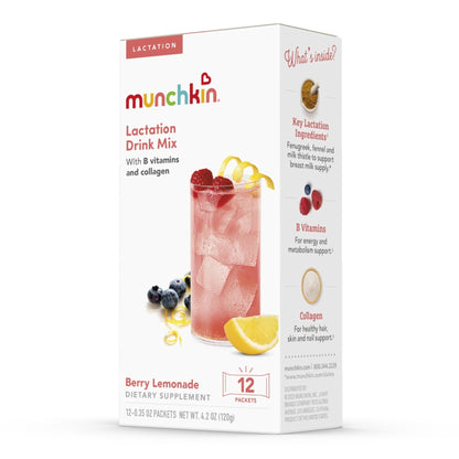 Munchkin Milkmakers Lactation Drink Mix Supplement with B Vitamins/Collagen/Fenugreek & Milk Thistle for Breastfeeding Moms, Berry Lemonade, 12 Count - Maple Wellness Supplements