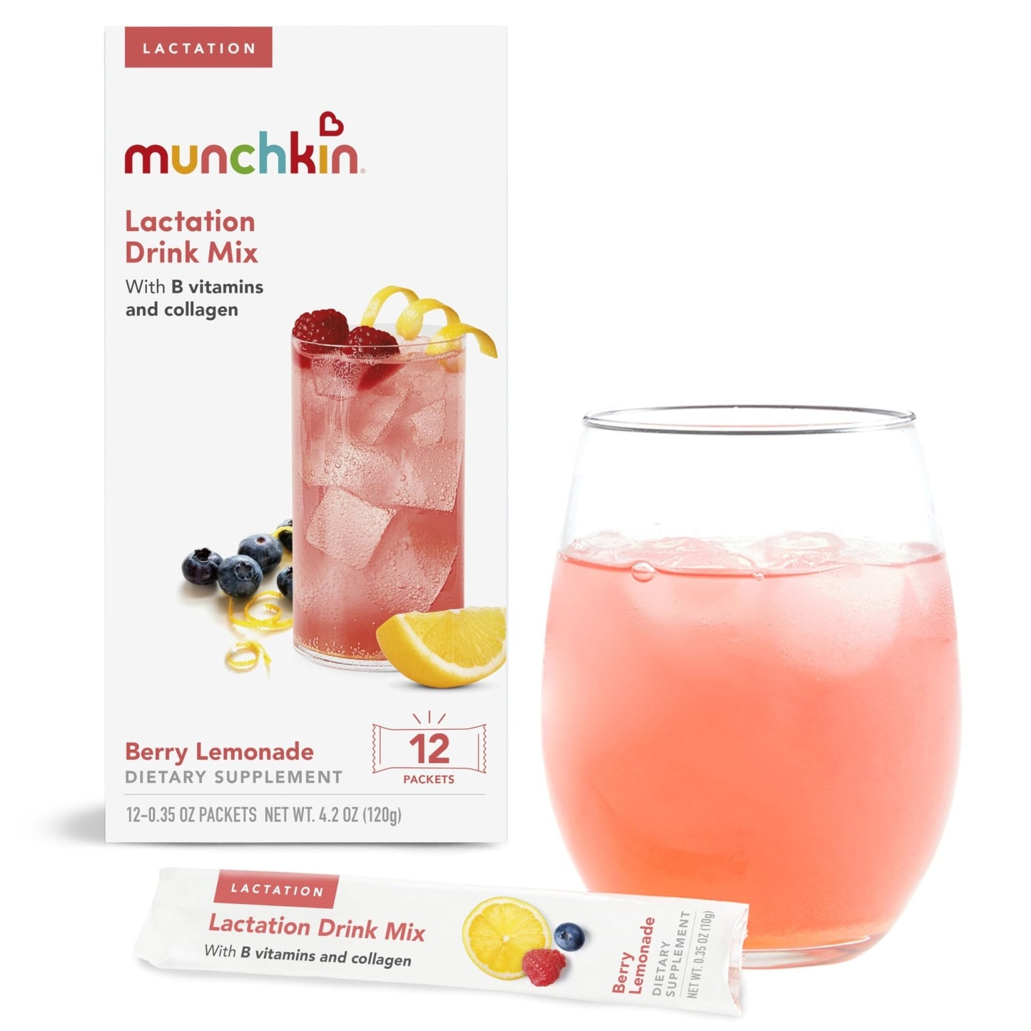 Munchkin Milkmakers Lactation Drink Mix Supplement with B Vitamins/Collagen/Fenugreek & Milk Thistle for Breastfeeding Moms, Berry Lemonade, 12 Count - Maple Wellness Supplements