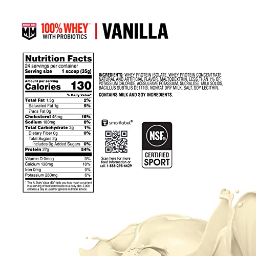Muscle Milk 100% Whey With Probiotics Protein Powder, Vanilla, 1.85 Pound, 23 Servings - Maple Wellness Supplements