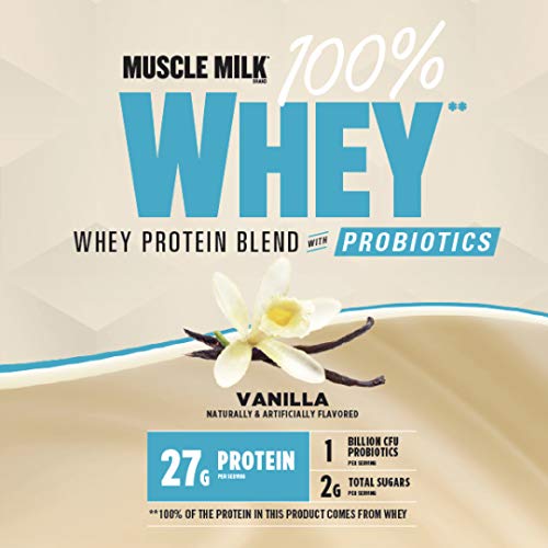 Muscle Milk 100% Whey With Probiotics Protein Powder, Vanilla, 1.85 Pound, 23 Servings - Maple Wellness Supplements