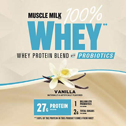Muscle Milk 100% Whey With Probiotics Protein Powder, Vanilla, 1.85 Pound, 23 Servings - Maple Wellness Supplements