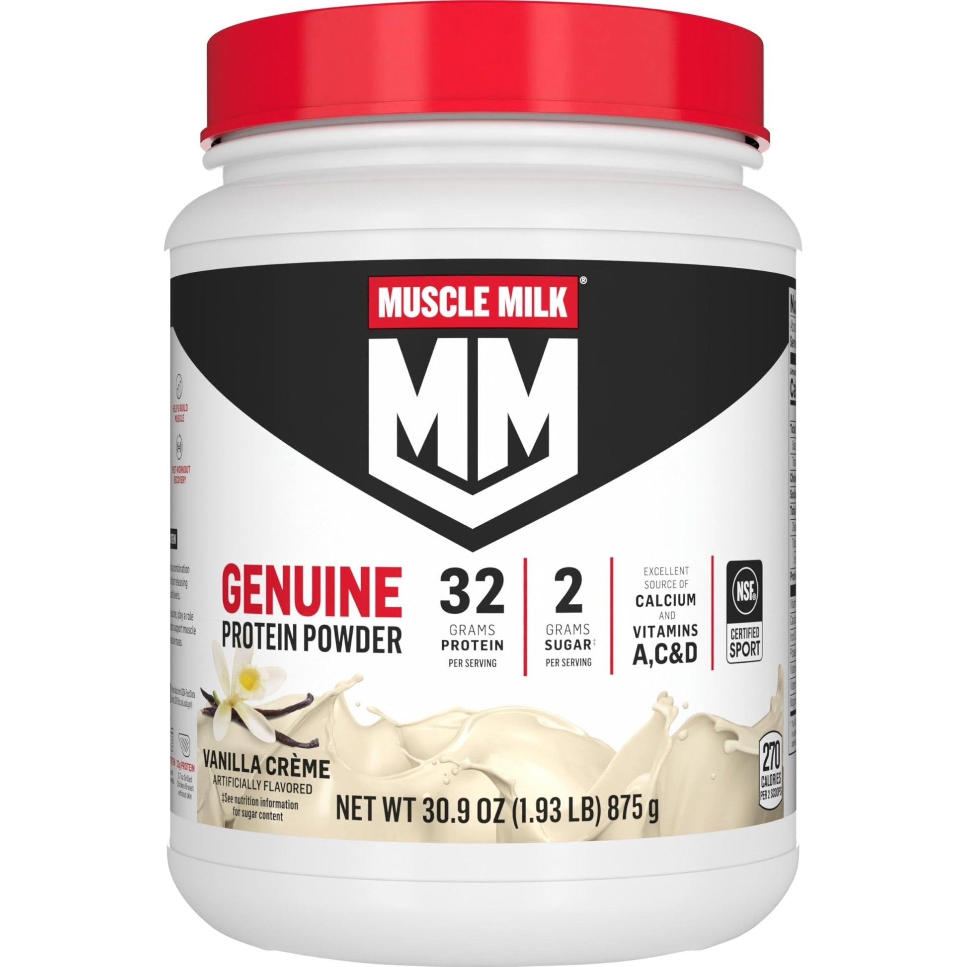 Muscle Milk Genuine Protein Powder, Vanilla Crème, 1.93 Pounds, 12 Servings, 32g Protein, 2g Sugar, Calcium, Vitamins A, C & D, NSF Certified for Sport, Energizing Snack, Packaging May Vary - Maple Wellness Supplements