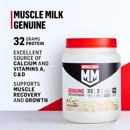 Muscle Milk Genuine Protein Powder, Vanilla Crème, 1.93 Pounds, 12 Servings, 32g Protein, 2g Sugar, Calcium, Vitamins A, C & D, NSF Certified for Sport, Energizing Snack, Packaging May Vary - Maple Wellness Supplements