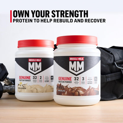 Muscle Milk Genuine Protein Powder, Vanilla Crème, 1.93 Pounds, 12 Servings, 32g Protein, 2g Sugar, Calcium, Vitamins A, C & D, NSF Certified for Sport, Energizing Snack, Packaging May Vary - Maple Wellness Supplements