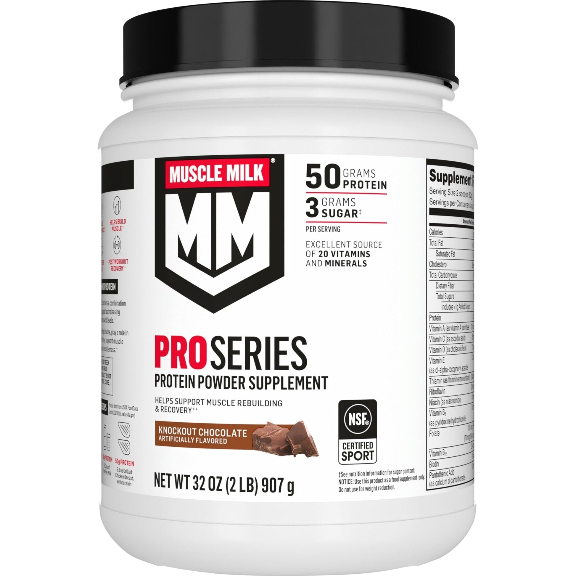 Muscle Milk Pro Series Protein Powder Supplement,Knockout Chocolate,2 Pound,11 Servings,50g Protein,3g Sugar,20 Vitamins & Minerals,NSF Certified for Sport,Workout Recovery,Packaging May Vary - Maple Wellness Supplements