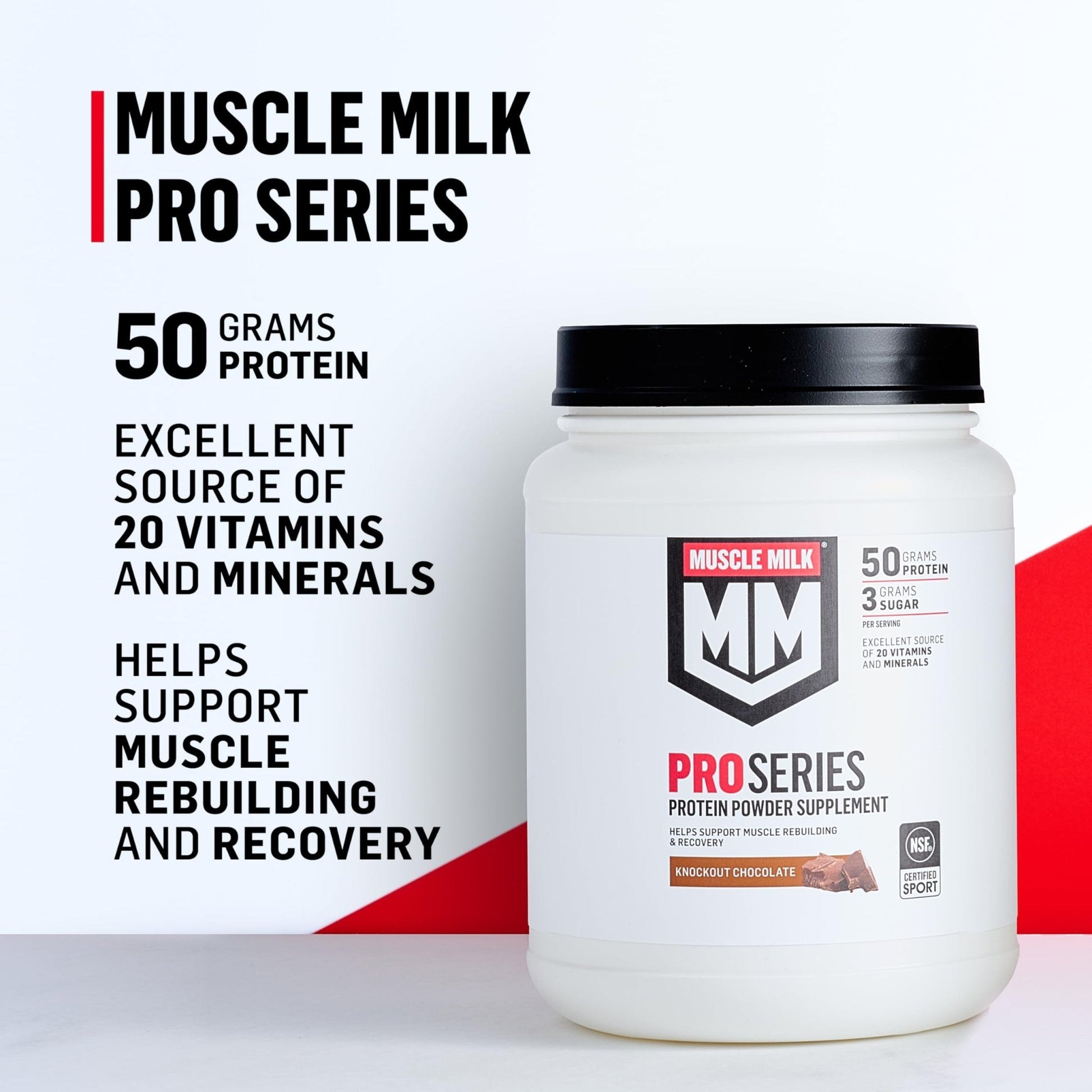 Muscle Milk Pro Series Protein Powder Supplement,Knockout Chocolate,2 Pound,11 Servings,50g Protein,3g Sugar,20 Vitamins & Minerals,NSF Certified for Sport,Workout Recovery,Packaging May Vary - Maple Wellness Supplements