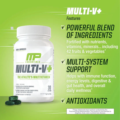 Muscle Pharm Essentials Multi-V+, The Athlete's Multi-Vitamin, Enhanced Energy, Performance & Immune Health, Daily Multivitamin for Men & Women - Maple Wellness Supplements